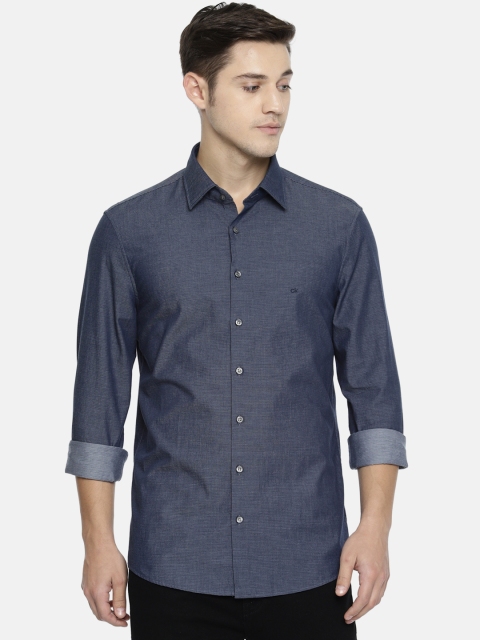 

Calvin Klein Jeans Men Navy Blue Slim Fit Self-Striped Casual Shirt