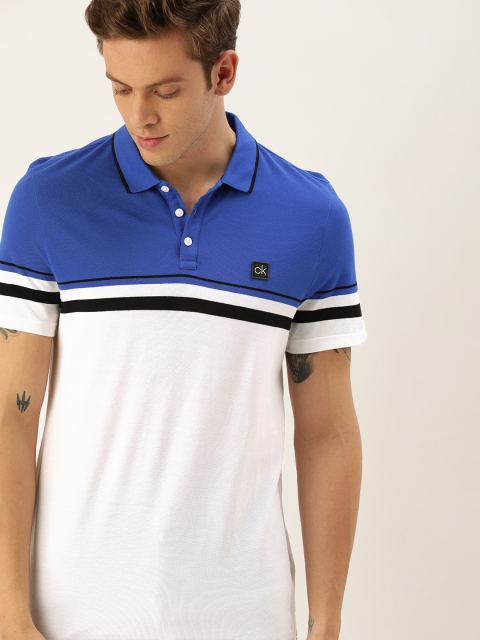 

Calvin Klein Jeans Men White & Blue Colourblocked Slim Fit Polo Collar T-shirt