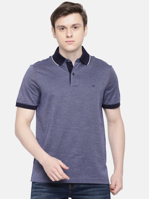 

Calvin Klein Jeans Men Navy Blue & White Self Design Polo Collar T-shirt