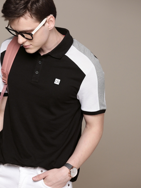 

Calvin Klein Jeans Men Black Solid Supima Cotton T-shirt with Color-block Sleeve