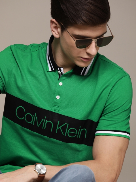 

Calvin Klein Jeans Men Green Slim Fit Printed T-shirt with Striped Polo Collar