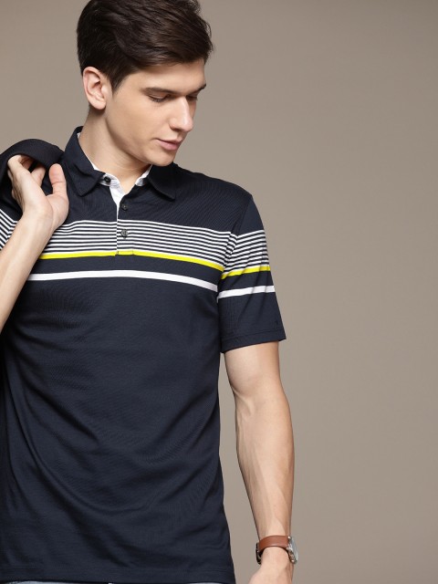 

Calvin Klein Jeans Men Navy Blue & White Slim Fit Striped Polo Collar T-shirt