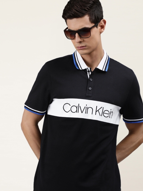 

Calvin Klein Jeans Men Black & White Slim Fit Printed Polo Collar T-shirt