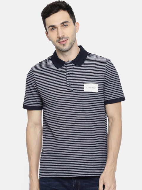 

Calvin Klein Jeans Men Navy Blue & White Striped Polo Collar T-shirt
