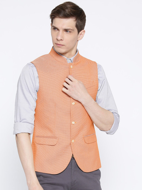 

Blackberrys Men Orange Self-Design Slim Fit Pure Cotton Nehru Jacket