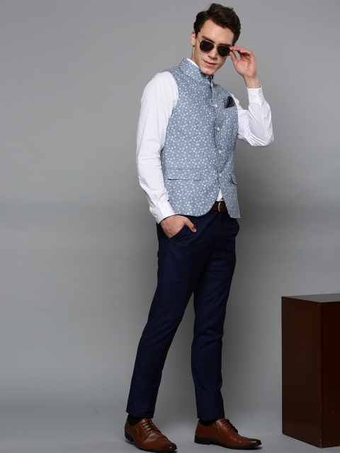 

Blackberrys Men Blue Printed Slim Fit Linen Smart Casual Nehru Jacket