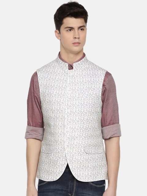 

Blackberrys Men White & Green Printed Slim Fit Linen Nehru Jacket