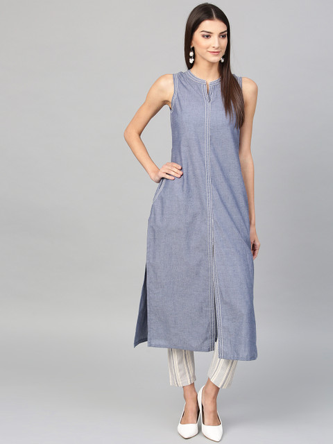

PINKSKY Women Blue & Off-White Solid Chambray Kurta with Trousers