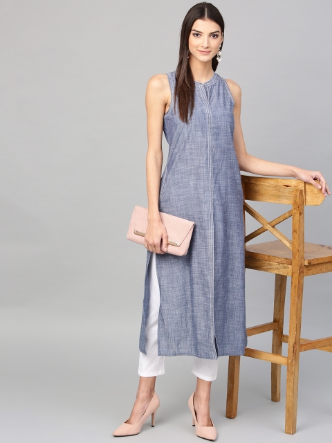 

PINKSKY Women Blue & White Chambray Kurta with Trousers
