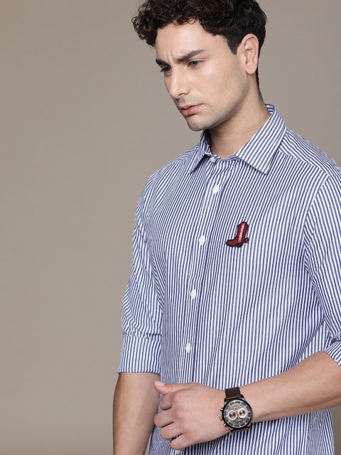 

Calvin Klein Jeans Men Navy Blue & White Slim Fit Striped Casual Shirt