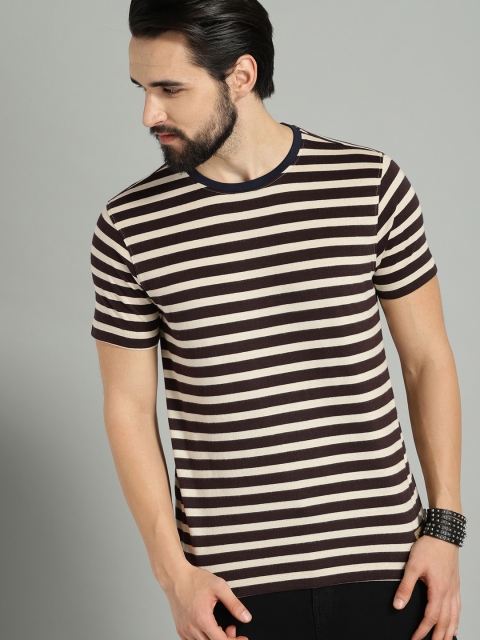 

Roadster Men Off-White & Coffee Brown Striped Round Neck T-shirt