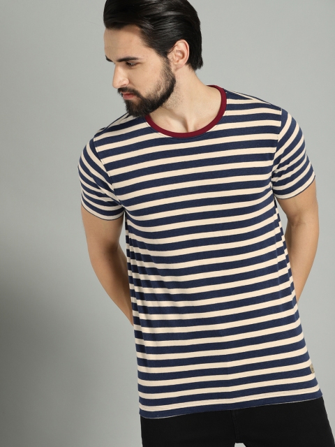 

Roadster Men Off-White & Navy Blue Striped Round Neck T-shirt