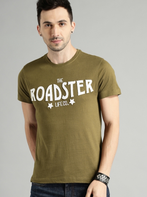 

Roadster Men Olive Green Self Design Round Neck T-shirt