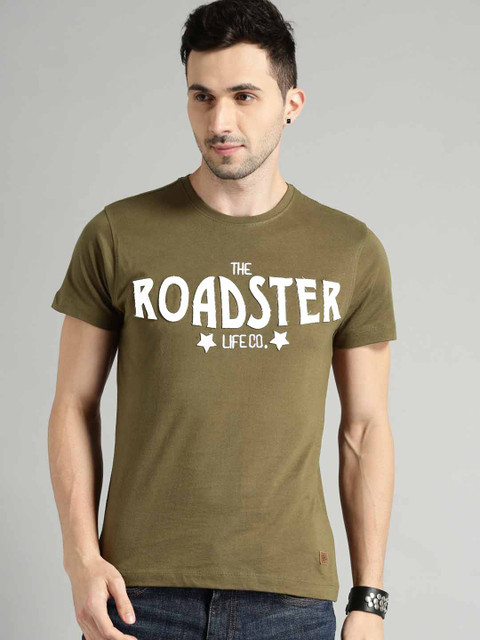 

Roadster Men Olive Green Self Design Round Neck T-shirt