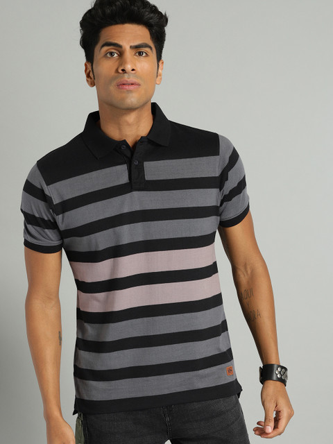 

Roadster Men Black & Charcoal Grey Striped Polo Collar T-shirt