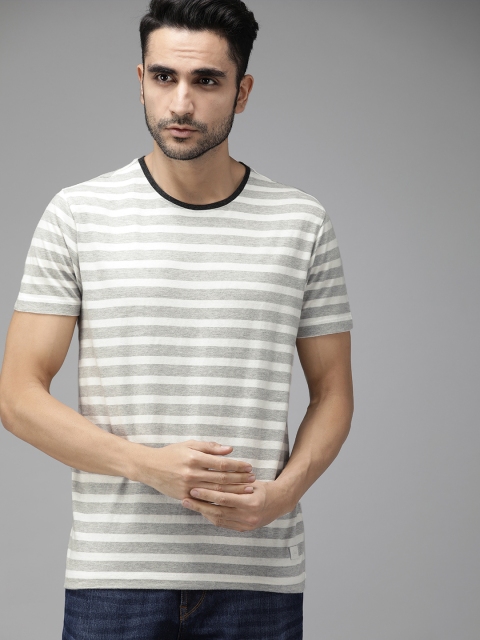 Roadster Men Grey & White Striped Round Neck T-shirt