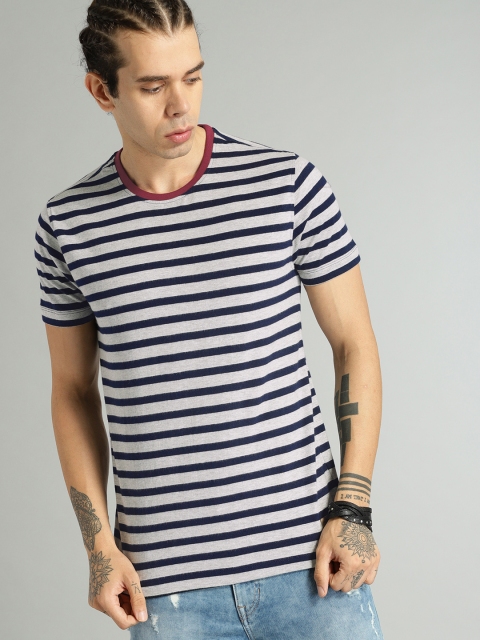 

Roadster Men Navy Blue & Grey Striped Round Neck T-shirt