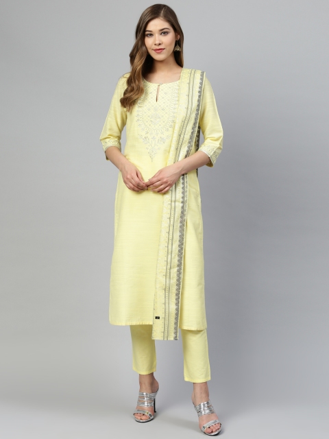 

AURELIA Women Yellow & Silver Yoke Design Kurta with Trousers & Dupatta