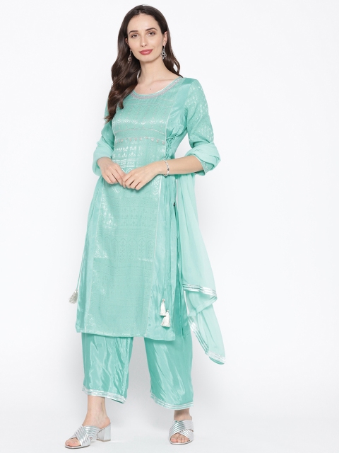 

AURELIA Women Blue & Silver Woven Design Kurta with Palazzos & Dupatta