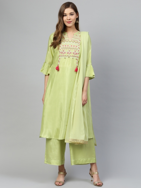 

AURELIA Women Green & Pink Yoke Design Kurta with Palazzos & Dupatta
