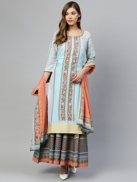

AURELIA Women Blue & Grey Printed Kurta with Palazzos & Dupatta