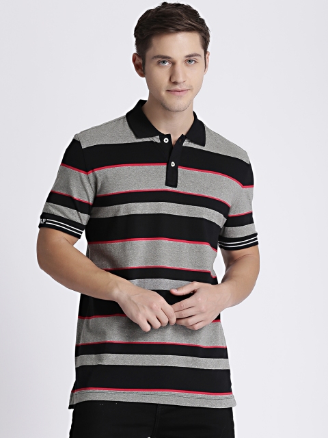

GAP Men Black & Grey Striped Polo T-shirt