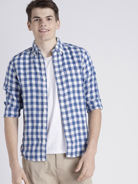 

GAP Men Blue & White Checked Linen Slim Fit Casual Shirt