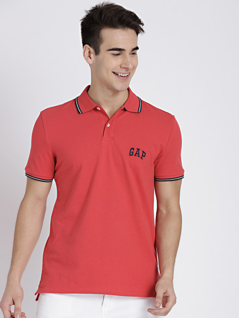 

GAP Men Coral Red Solid Polo Collar T-shirt