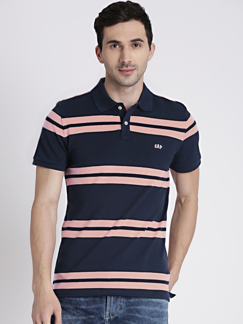 

GAP Men Navy & Pink Striped Polo T-Shirt, Navy blue