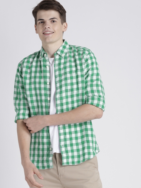 

GAP Men Green & White Checked Linen Slim Fit Casual Shirt