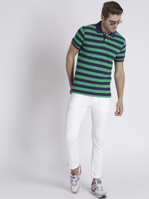 

GAP Men Green Striped Polo Collar T-shirt