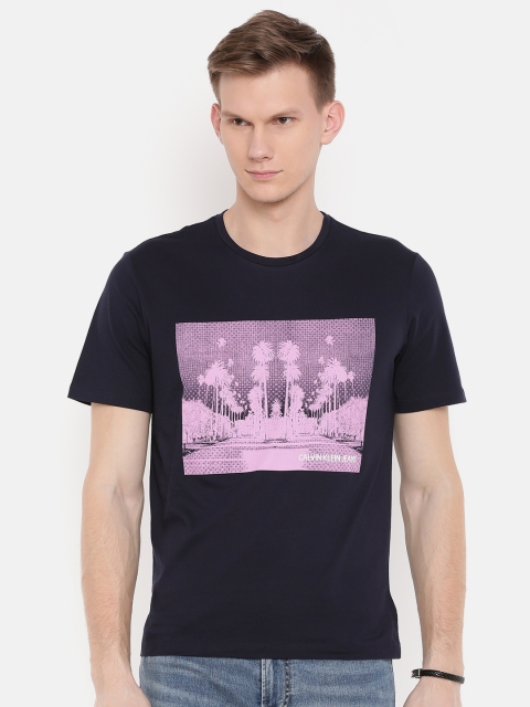 

Calvin Klein Jeans Men Navy Blue & Purple Printed Round Neck T-shirt