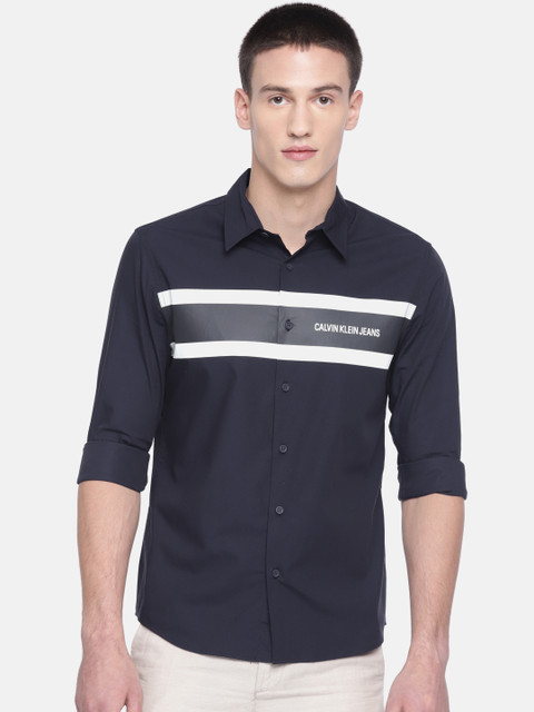 

Calvin Klein Jeans Men Navy Blue Regular Fit Striped Casual Shirt