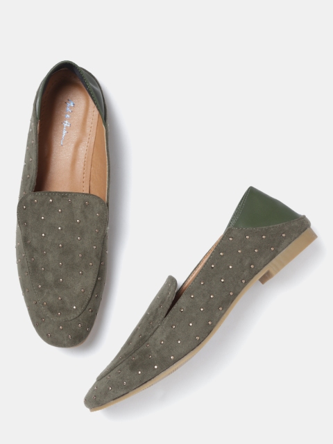 

Mast & Harbour Women Olive Green Embellished Slip-Ons