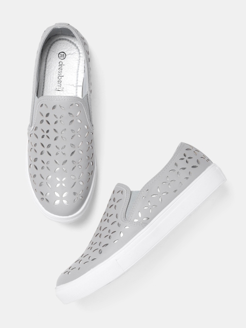 

DressBerry Women Grey & Silver-Toned Cut-Work Slip-On Sneakers