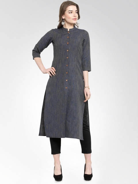 

Jompers Women Navy Blue & Grey Self Design Kurta with Trousers