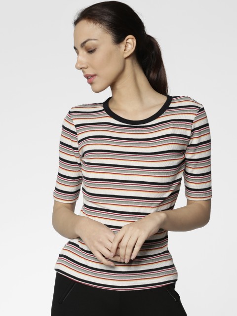

ONLY Women Off-White & Black Striped Round Neck T-shirt