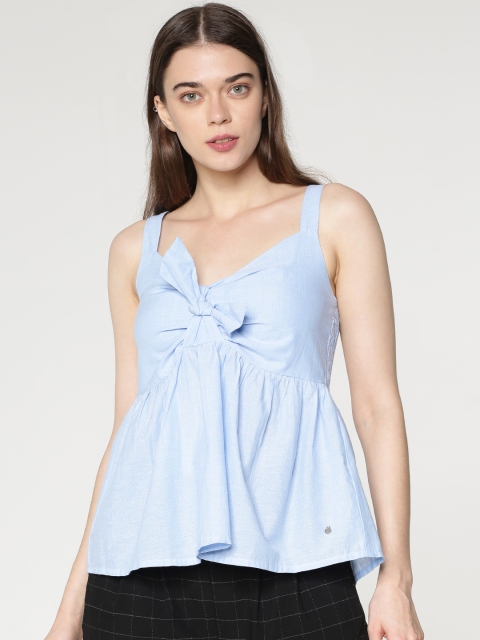 

ONLY Women Blue Solid Empire Pure Cotton Top