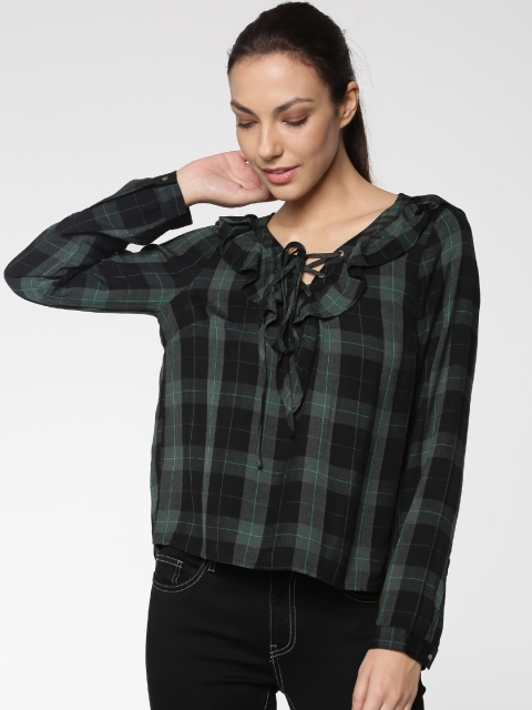 

ONLY Women Black Checked Pure Cotton Top
