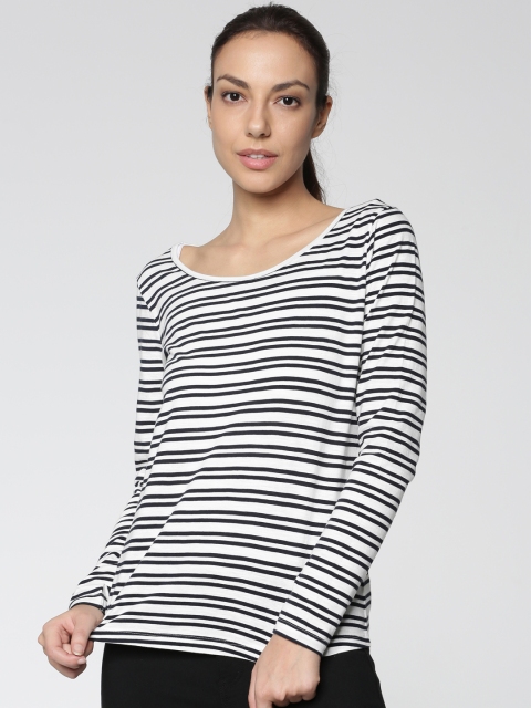 

ONLY Women White Navy Slim Fit Striped Round Neck Pure Cotton T-shirt