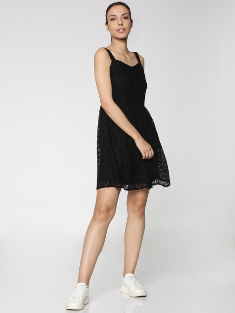 

ONLY Women Black Self Design Fit and Flare Dress