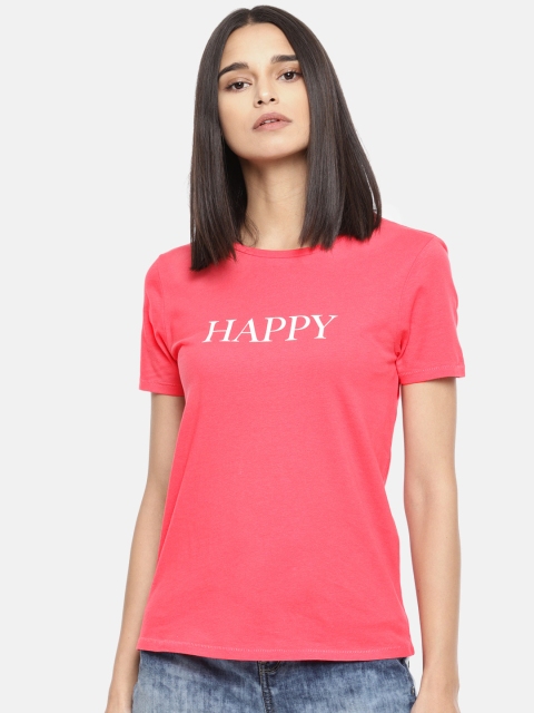 

ONLY Women Coral Pink Printed Round Neck T-shirt