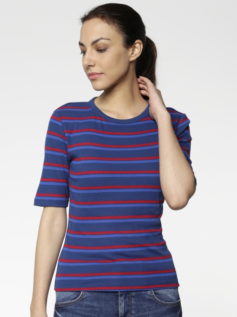 

ONLY Women Blue & Red Slim Fit Striped Round Neck T-shirt