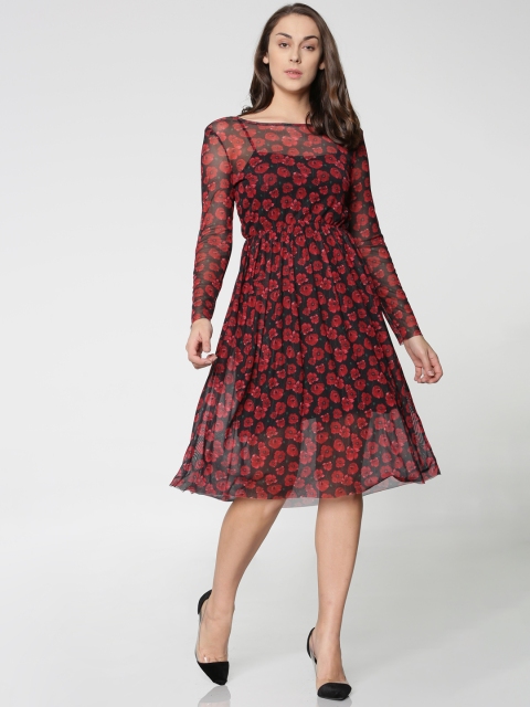 

ONLY Women Black & Red Printed Fit and Flare Dress