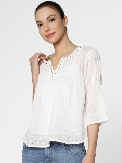 

ONLY Women Off-White Solid Pure Cotton Top