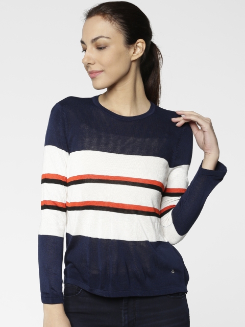 

ONLY Women Navy Blue & Off-White Striped Sweater