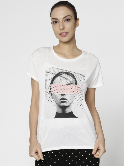 

ONLY Women White Printed Round Neck T-shirt