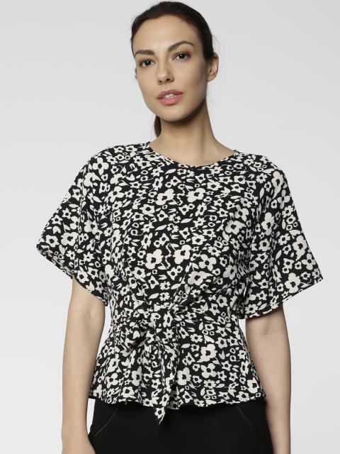 

ONLY Women Black & Beige Printed Cinched Waist Top