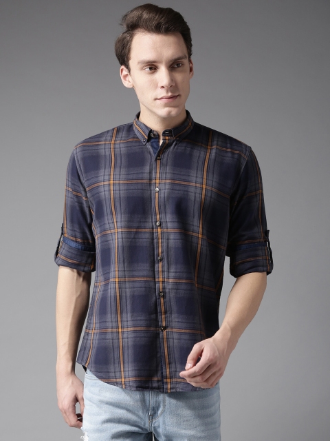 

DENNISON Men Navy Blue & Grey Comfort Slim Fit Checked Casual Shirt