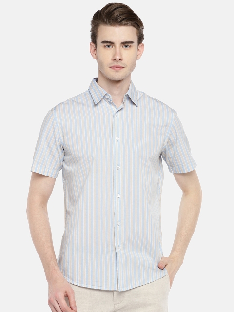 

Cottonworld Men Beige & Blue Regular Fit Striped Casual Shirt